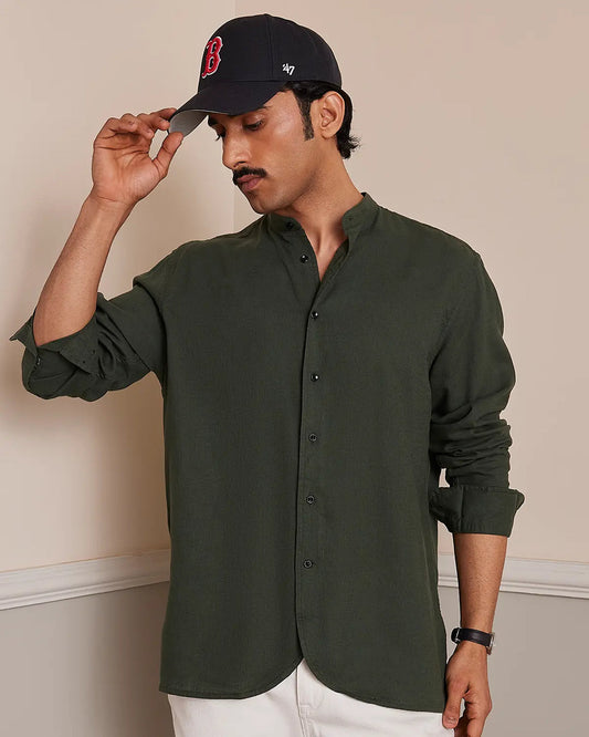 Olive Cotton Linen Bandhgala Shirt