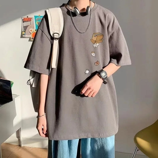 M-8XL Men Oversized Korean Fashion Loose American Vintage Carton Kitten Print Short Sleeve Versatile Trend Couple Outfit